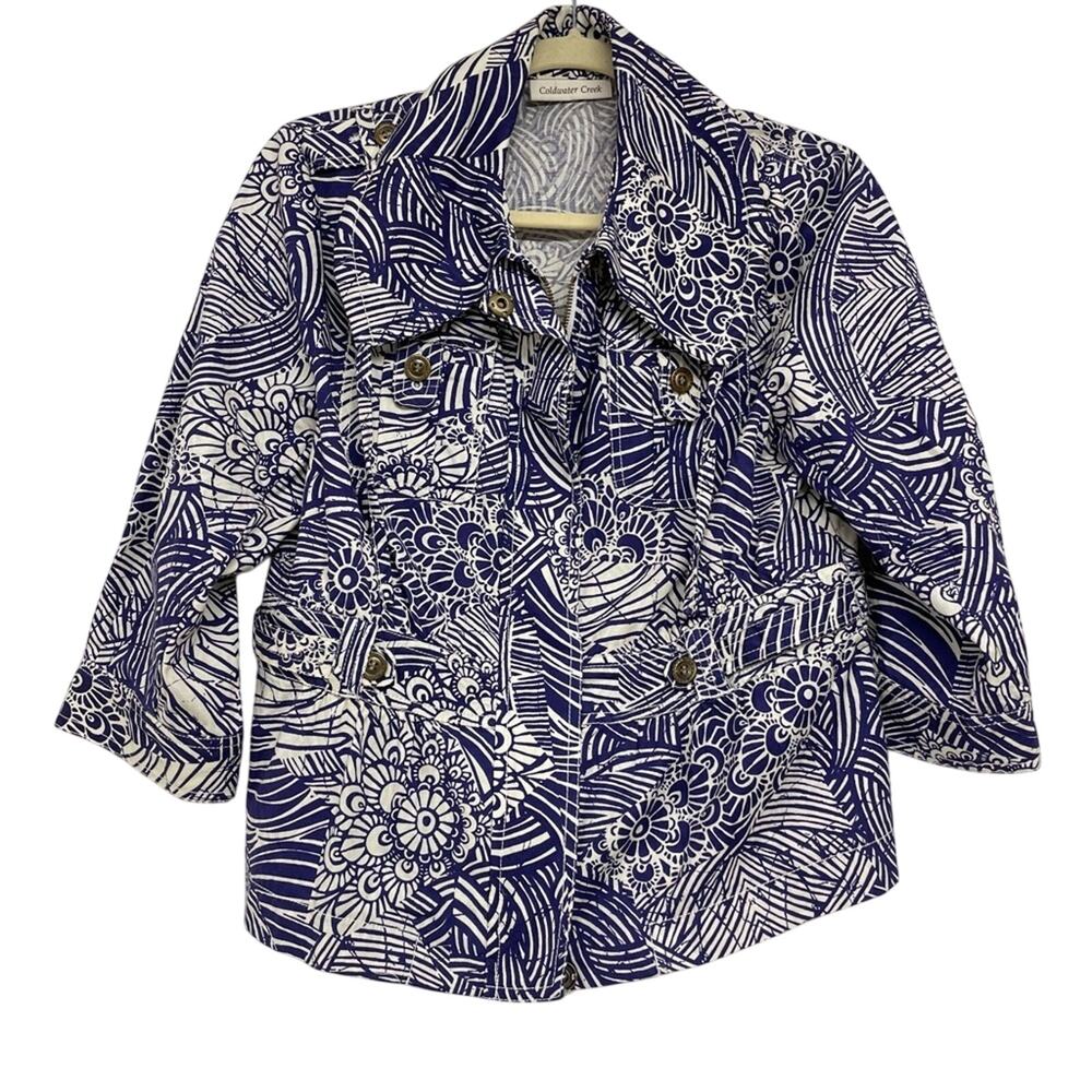 Coldwater Creek Blue White Floral Print Utility Style Full Zip Jacket 10P Beachy
